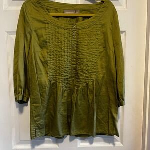 Olive Green Button Front 3/4 Sleeve Pintuck Blouse Top Babydoll Size Large‎